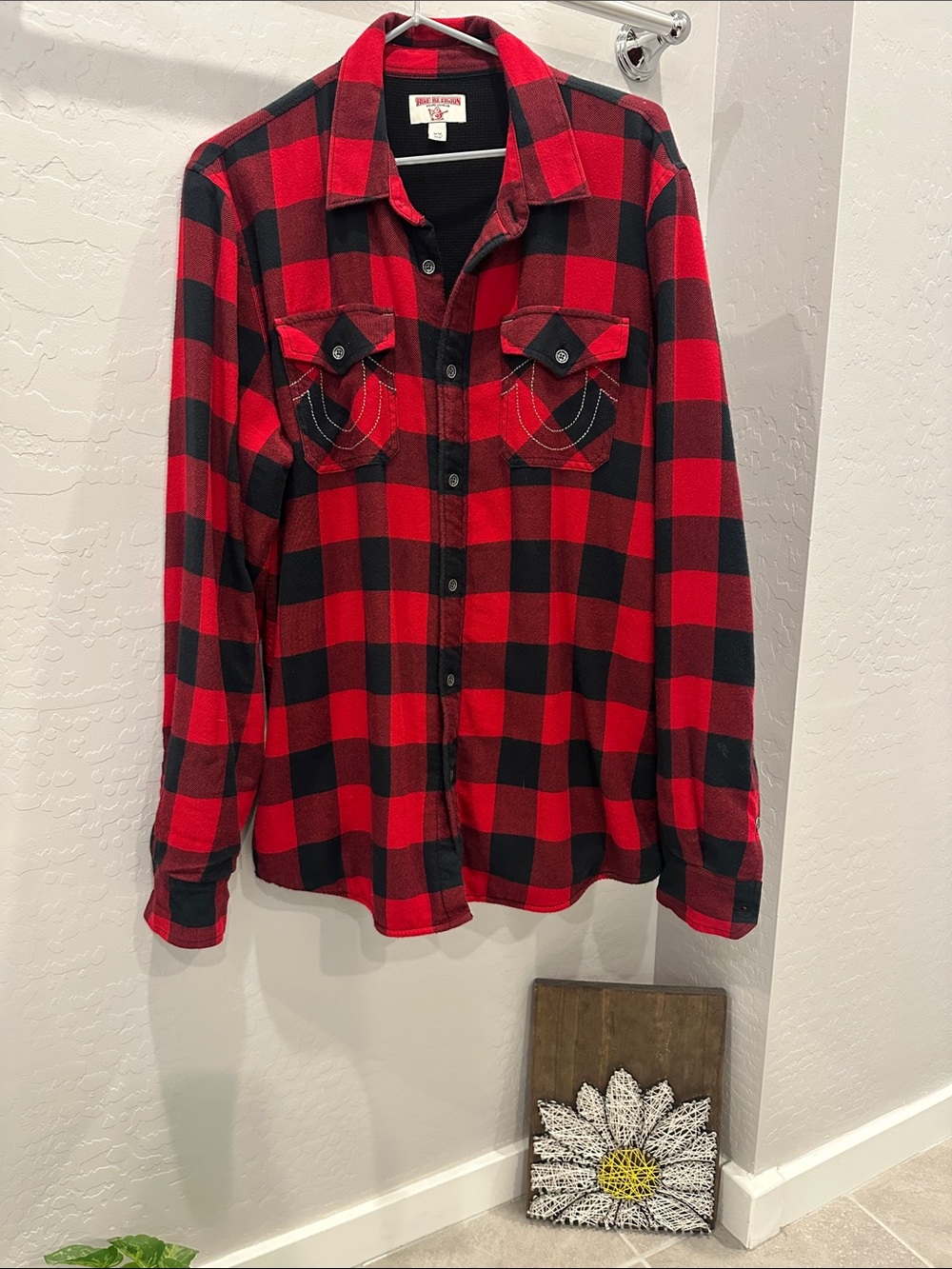 True Religion Red and Black Plaid Lightweight Thermal Jacket
